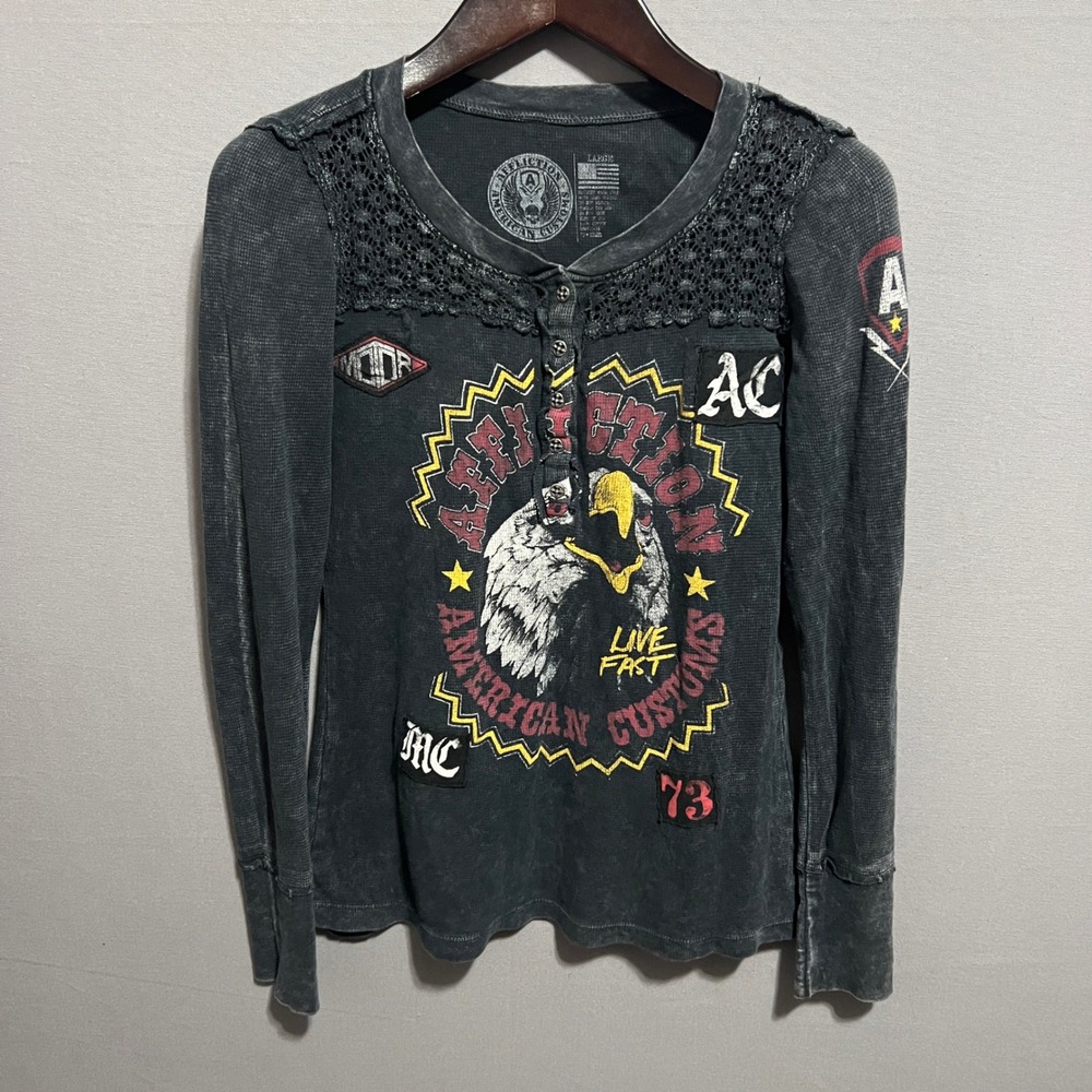 Affliction American Customs Henley Thermal Long Sleeve Eagle Graphic Gray Large